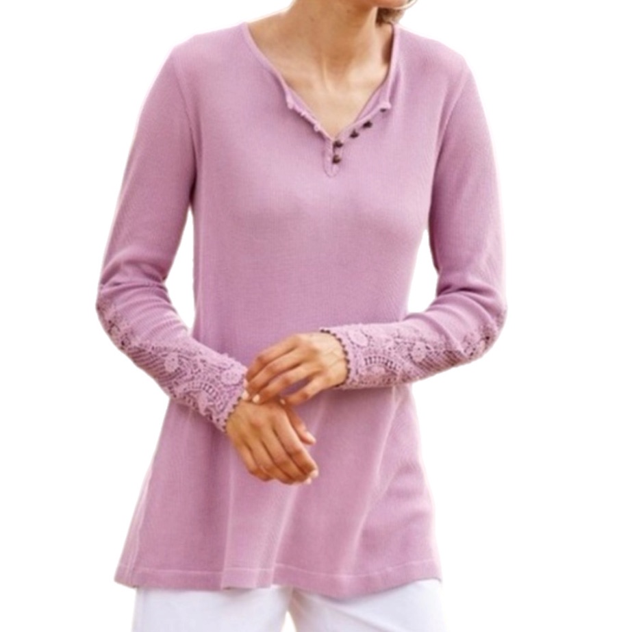 Soft Surroundings Maggie Henley Waffle Knit Thermal Top Crochet Floral Sleeve L